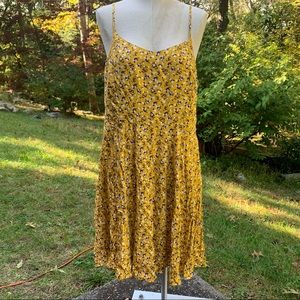 Yellow Floral Bohemian Baby Doll Dress Large Old Navy mock vintage rayon stretch